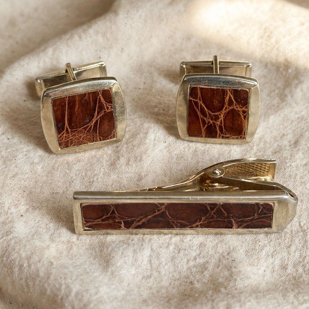 Vintage Silver Tone Brown Croc Cufflinks Tie Clip Bar Set Mens
